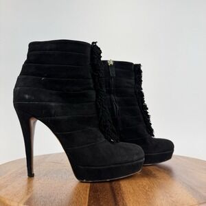 Womens Gucci Black Suede Fringe Trim Platform Heeled Ankle Boots Size EU 37.5‎